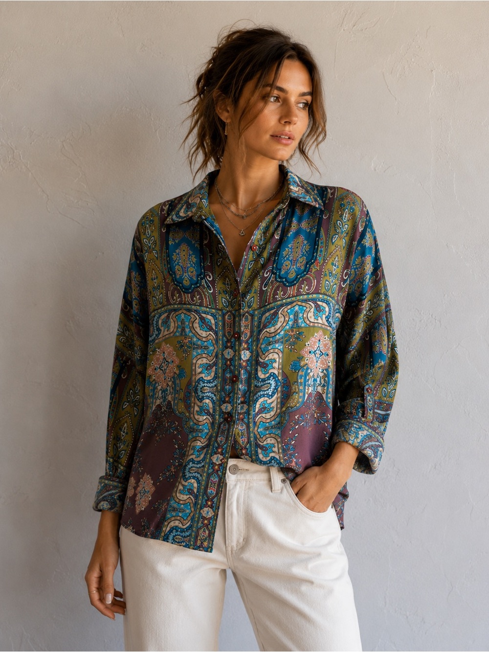 Boho Whimsigoth Paisley Cupro Shirt Artsy Boxy Oversized Blouse Tolani M
